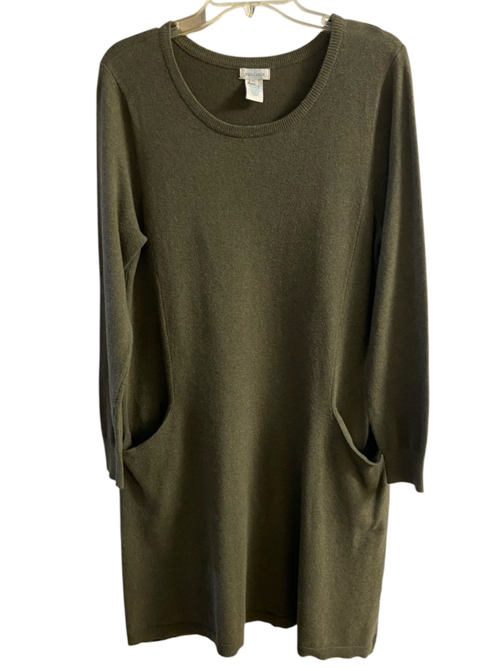 Sundance olive green knit midi dress with front pockets silk blend Large petite - Picture 2 of 7